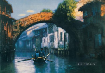ブリッジ リバー ビレッジ山水中国の風景 Oil Paintings